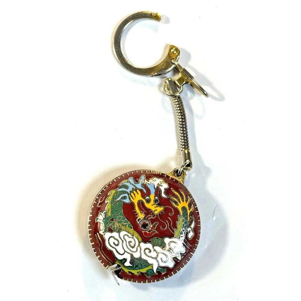 Vintage Chinese Cloisonné Retractable Tape Measure Enamel Dragon Keychain